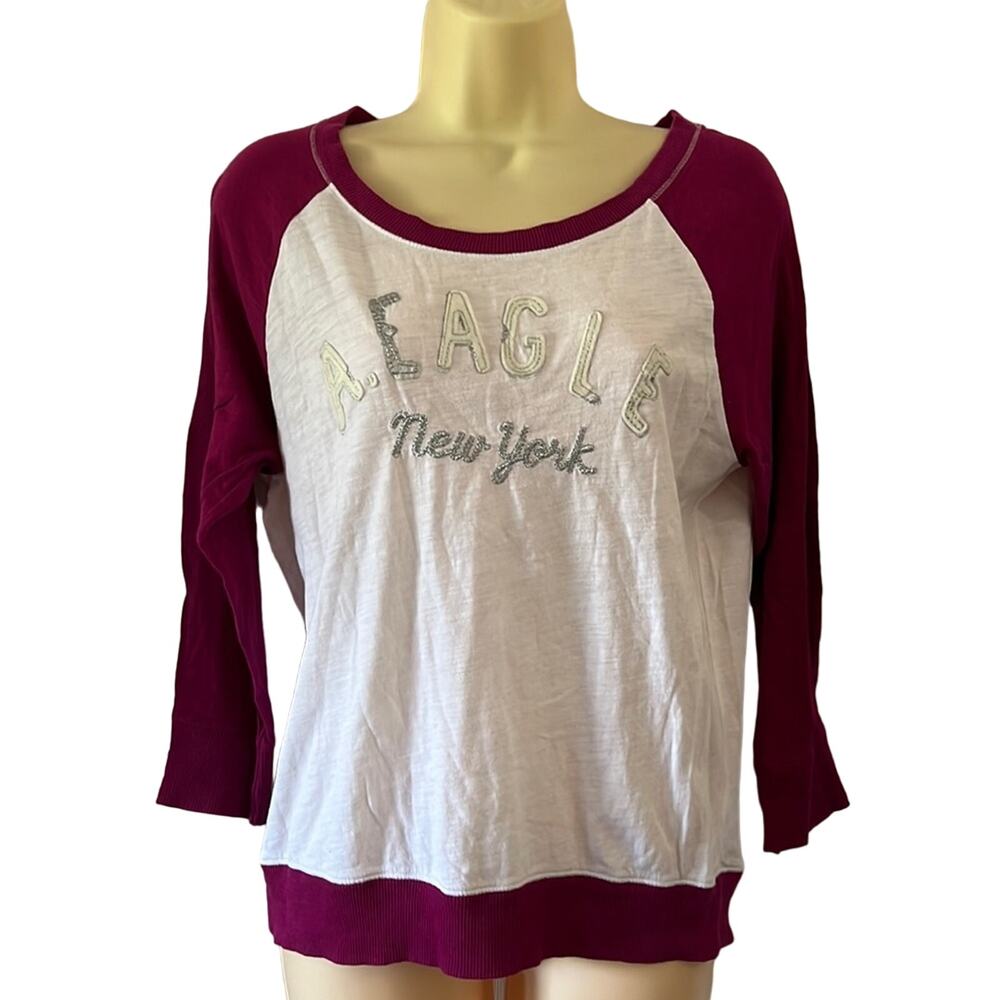 American Eagle Outfitters Raspberry White Knit Top Size Medium Silver Embroidery